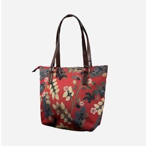 Red vintage embroidered tote bag floral leather straps boho indie